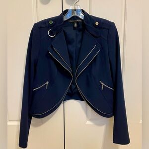 Navy blazer with silver zipper accents